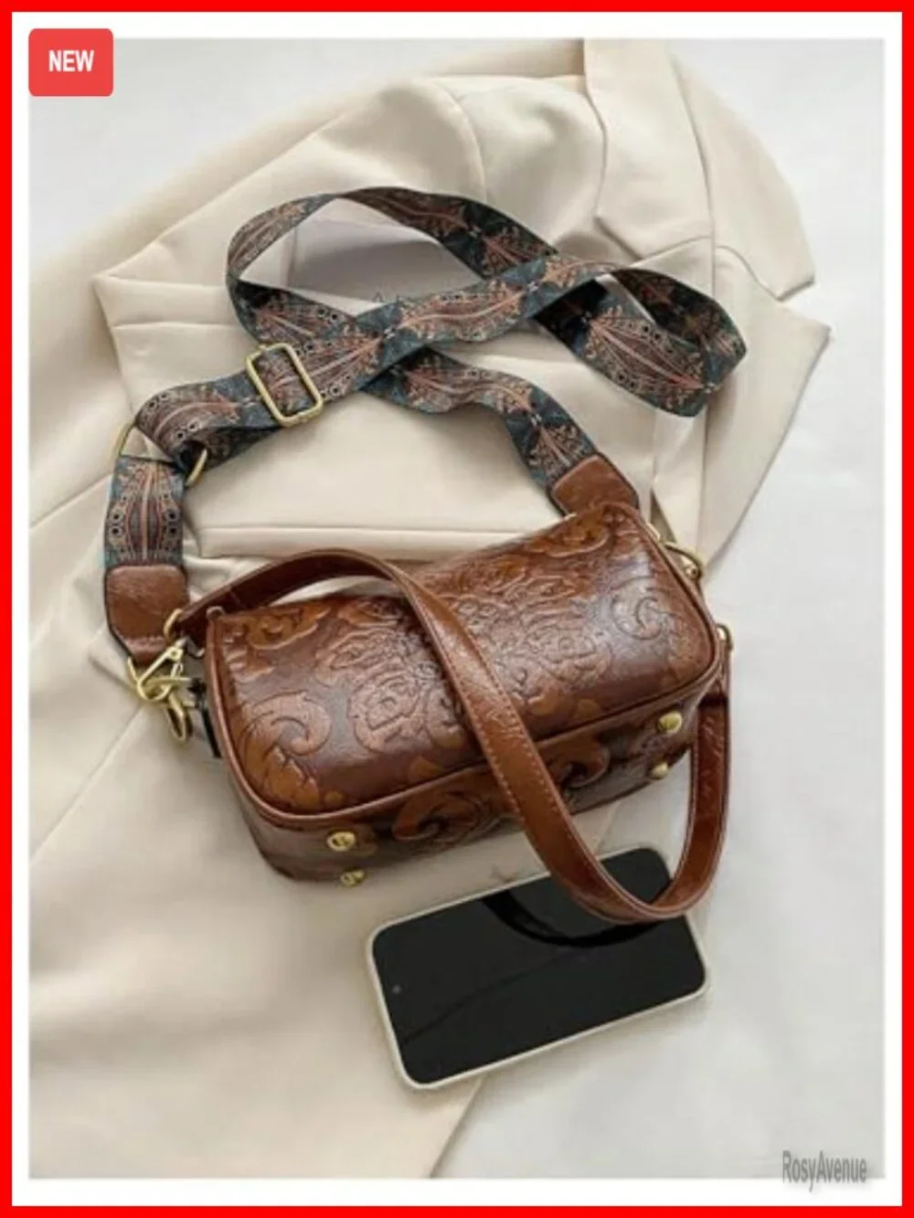 Vintage Western Floral Tooled Leather Crossbody Hobo Purse